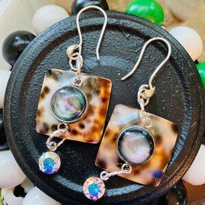 Handmade Seashell and Cabochon Dangle Earrings 2 1/2 Inches